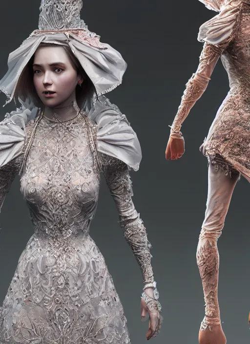 Image similar to detailed full body concept art illustration of a princess in intricately designed clothing, ultra detailed, digital art, octane render, dystopian, micro detail, 4k