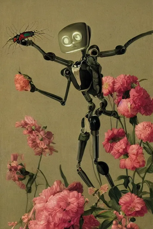 Image similar to a slim anime robot with fluo color detail, and muted arm colors, that looks like a insect, on top of dutch master painting of flowers