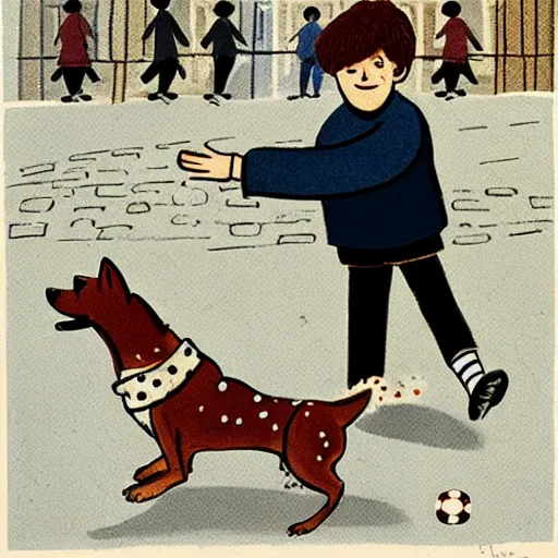 Image similar to book illustration of a french boy on the streets of paris playing football against a corgi, the dog is wearing a polka dot scarf, 1 9 6 6