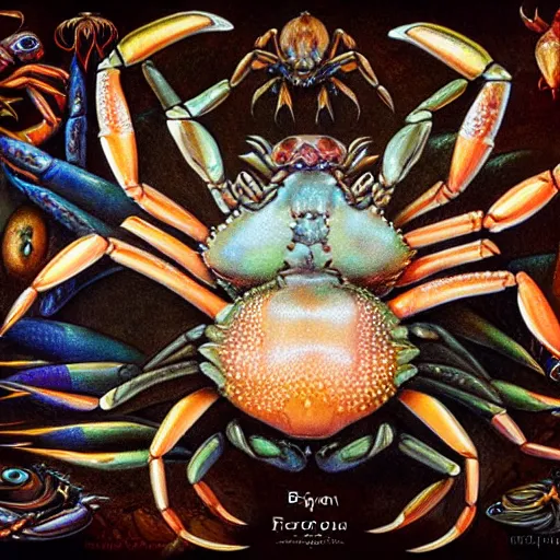 Image similar to detailed and sharp portrait of crab zodiac artwork, mystic style, detailed, 8 k, detailed, symmetrical, by brian froud