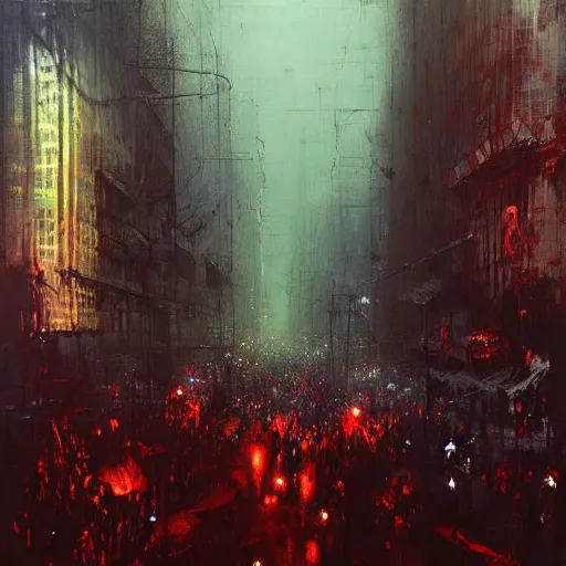 Image similar to horde of zombies in downtown new york, highly detailed painting by jeremy mann and beksinski