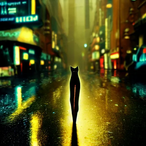 Image similar to a cat from the movie blade runner with long sharp claws and a laser eye. on a wet reflective street atmospheric lighting, neon glow, internal glow, ray tracing, 8 k, stunning still from film.