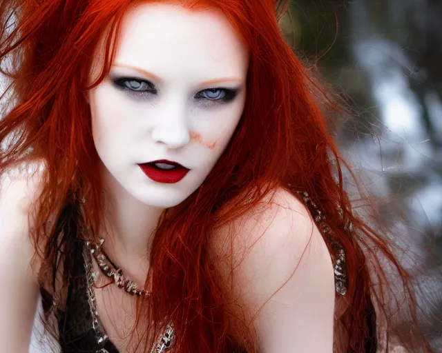 Image similar to award winning 5 5 mm close up face portrait photo of an anesthetic and beautiful redhead vampire lady who looks directly at the camera with bloodred wavy hair, intricate eyes that look like gems, and long fangs, in a park by luis royo. rule of thirds.