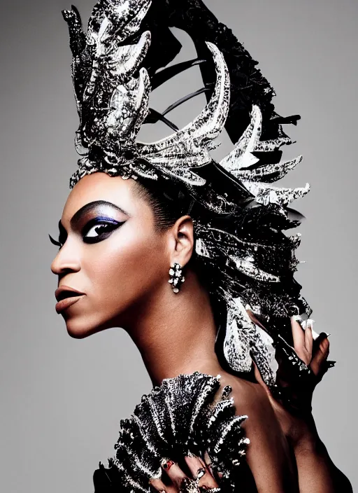 Image similar to photo of beyonce styled by nick knight posing, intricate headpiece, showstudio, face close up, vogue magazine, 2 0 2 0, canon, highly realistic. high resolution. highly detailed. dramatic. 8 k. 4 k. zeiss lens, canon eos, cinematic lighting, photography, film still