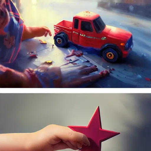 Image similar to close up of child's hand attaching a star - shaped sticker to a truck, digital art by ruan jia and mandy jurgens and artgerm, highly detailed, trending on artstation, award winning