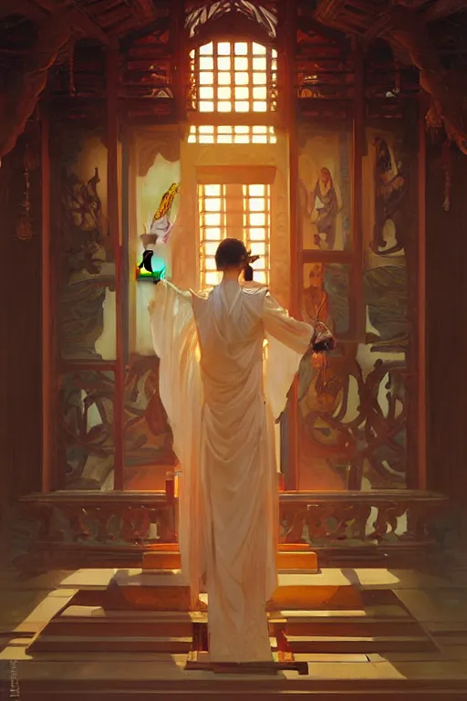 Image similar to temple, taoism, painting by greg rutkowski, j. c. leyendecker, artgerm