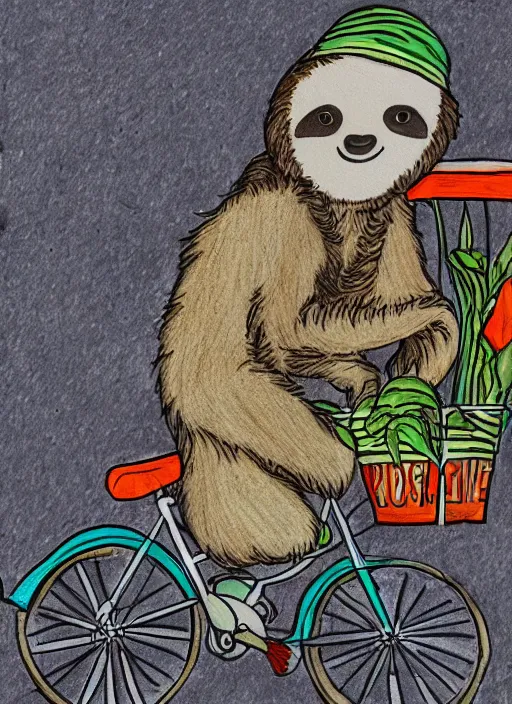 Image similar to drawing of a sloth urban outfitters style riding a bike going to the beach