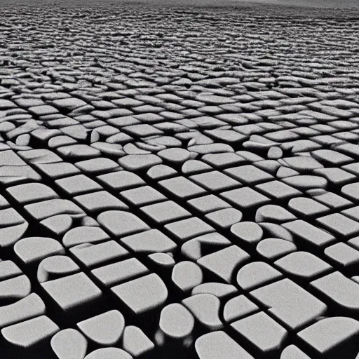 Image similar to a barren landscape filled with rubik's cubes