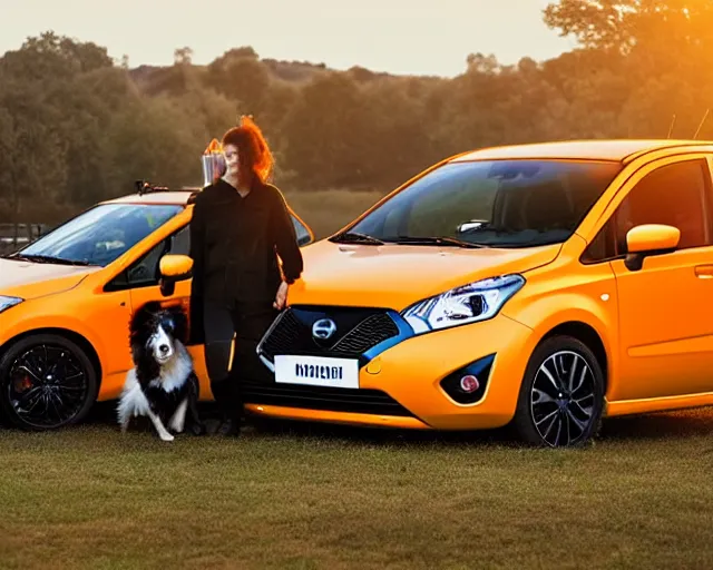 Prompt: border collie dog driving an orange nissan note, dog driving car, rally driving photo, award winning photo, golden hour, perfect composition