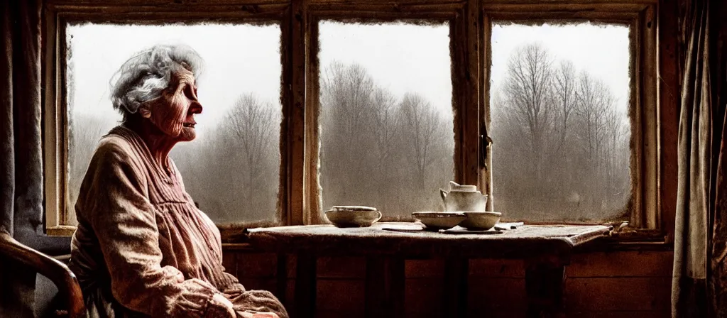 Image similar to portrait bust of old woman sitting at table, hands in pockets, looking outside, tired expression, faded color film, russian cinema, tarkovsky, technicolor, inside old cabin, next to window, heavy forest outside, long brown hair, old clothing, heavy fog, brown color palette, sunset, low light, hudson river school, 4 k, dramatic lighting