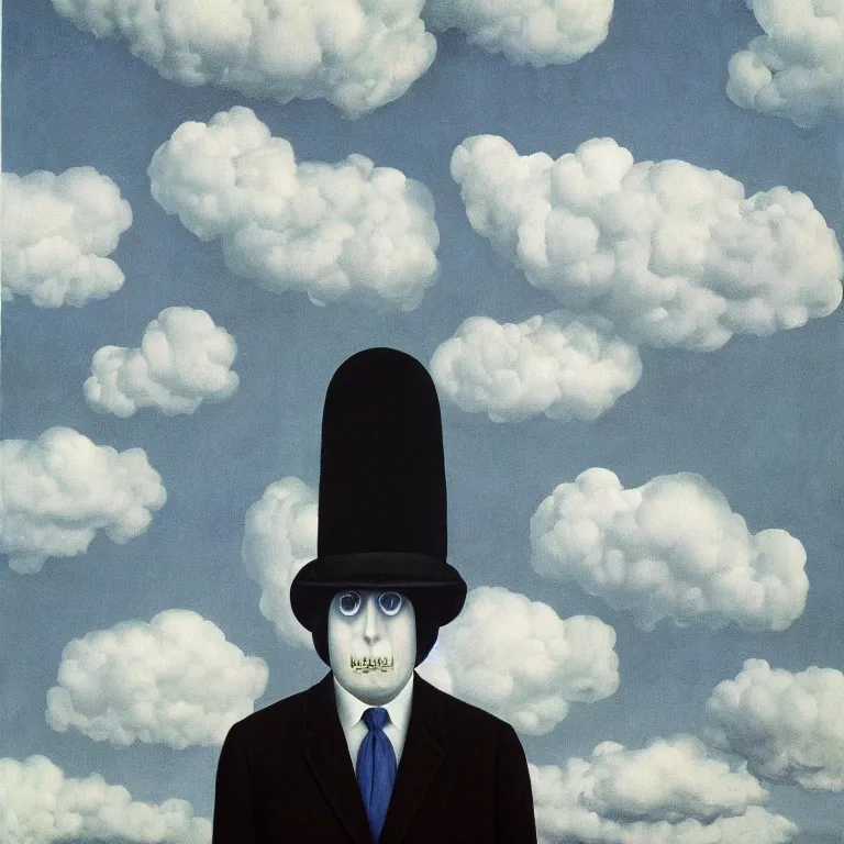 Image similar to portrait of a scary creepy ghost death, clouds in the background, by rene magritte, detailed painting, distance, middle centered, hd, hq, high resolution, high detail, 4 k, 8 k