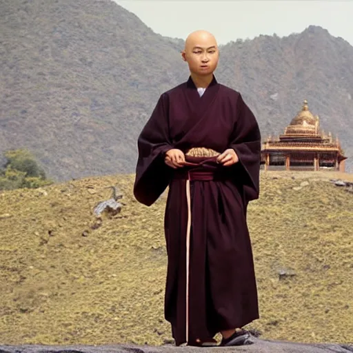 Image similar to Priest Tripitaka played by bald teenage Masako Natsume on a pilgrimage to India to fetch holy scriptures and save the world, IMAX Movie Still