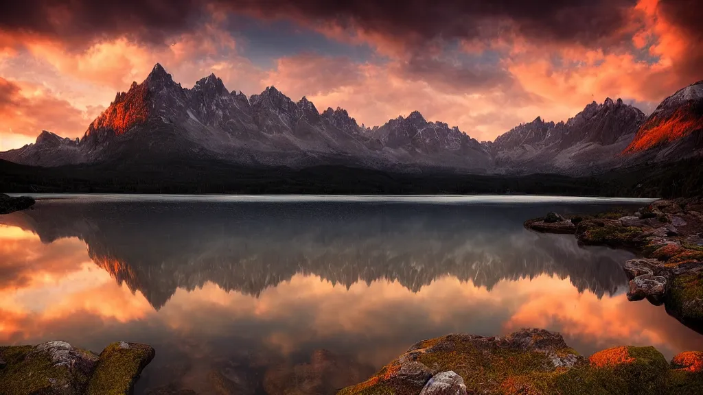 Image similar to amazing landscape photo of mountains with lake in sunset by marc adamus, beautiful dramatic lighting