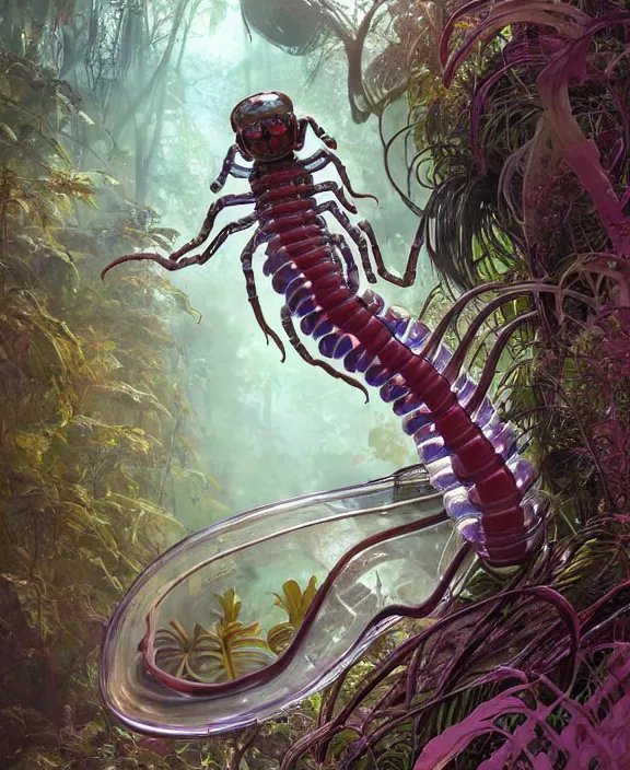 Image similar to opulent transparent clear see - through portrait of a terrifying beautiful male alien centipede robot, mottled coloring, adorable, childlike, overgrown biopunk jungle environment, ultra realistic, concept art, art nouveau, photorealistic, octane render, 8 k, unreal engine. art by christopher marley and artgerm and greg rutkowski and alphonse mucha