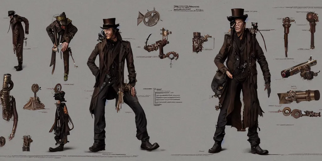 Image similar to steampunk Tom Waits design, character sheet, 3d render, Greg Rutkowski, Zabrocki, Karlkka, Jayison Devadas, Phuoc Quan, trending on Artstation, 8K, ultra wide angle, zenith view, pincushion lens effect