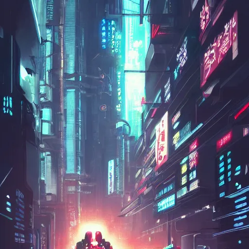 Image similar to cyberpunk robot in future japan at night, concept art, fine details, Anime, cinematic lighting, ghost-in-the-shell, cyberpunk,sci-fi, fantasy, intricate, elegant, highly detailed, digital painting, artstation, concept art, smooth, sharp focus, illustration, art by artgerm and greg rutkowski