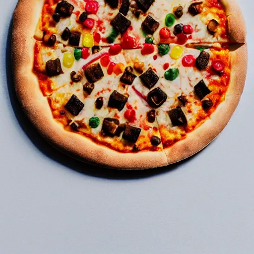 Prompt: A delicious plate of pizza with gummy bears on, food photography, michilin star