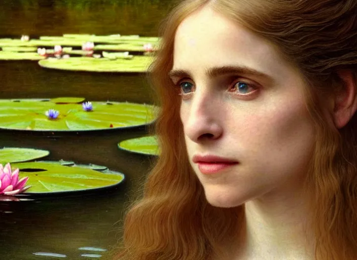 Image similar to 8K, soft light, warm volumetric lighting, highly detailed, brit marling style 3/4 ,view from above of close-up portrait photo of a beautiful woman how pre-Raphaelites painter, face is emerging of a pond with beautiful water lilies, she has a beautiful lace dress and hair are intricate with highly detailed realistic beautiful flowers , Realistic, Refined, Highly Detailed, natural outdoor soft pastel lighting colors scheme, faded colors, outdoor fine art photography, Hyper realistic, photo realistic,warm lighting,