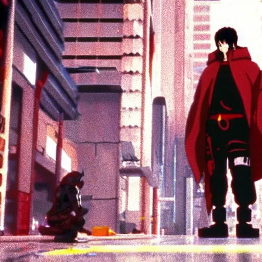 Image similar to still frame of cyberpunk ninja Jubei in the 1988 anime movie Akira by Katsuhiro Otomo, screenshot, color, film print