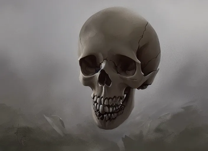 Prompt: painting of a skull in the middle of a field, concept art by senior environment artist, cgsociety, vanitas, apocalypse art, dystopian art, artstation hq