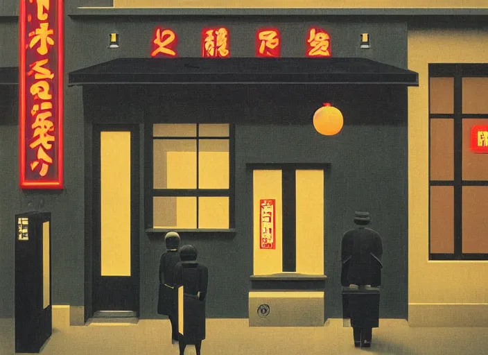 Image similar to exterior of an open cyberpunk ramen place during a rainy night by rene magritte