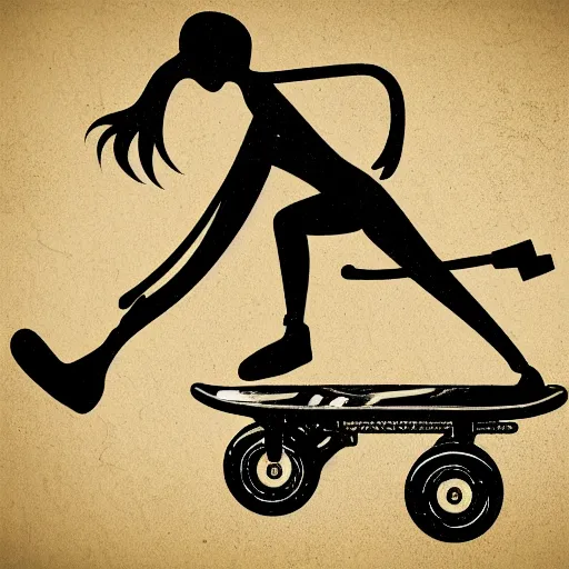 Image similar to stylized illustration of a girl ridin a skateboard with one leg up and the other on the deck going fast, side view