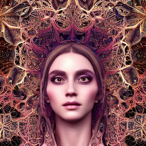 Image similar to wonderful princess of fractals and patterns, beautiful face, hyper detailed, background intricate and detailed, ornate 8 k gorgeous intricate detailed, octane render, psychedelic