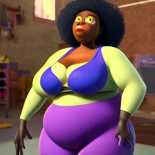 Image similar to high quality still of black bbw woman, 3d, in the style of pixar, comic book style, gym, highly detailed, 16k resolution, octane renderer, coherent