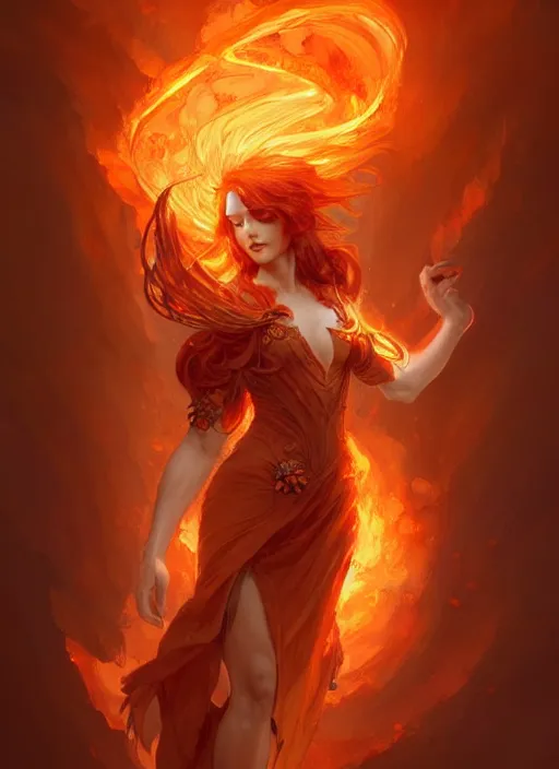 Image similar to a cute fire elemental, with fingers and hair turning into flames, fantasy, intricate, elegant, highly detailed, digital painting, artstation, concept art, wallpaper, smooth, sharp focus, illustration, art by artgerm and greg rutkowski and alphonse mucha