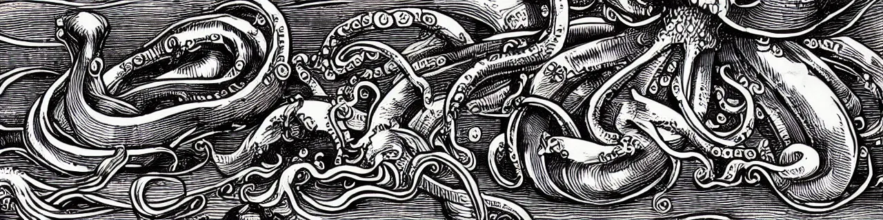 Prompt: Elaborate wallpaper print of Giant Squid with big eyes and knobby tentacles attacking a ship in the Waves in the style of Albrecht Durer and Martin Schongauer, high contrast finely carved woodcut black and white crisp edges