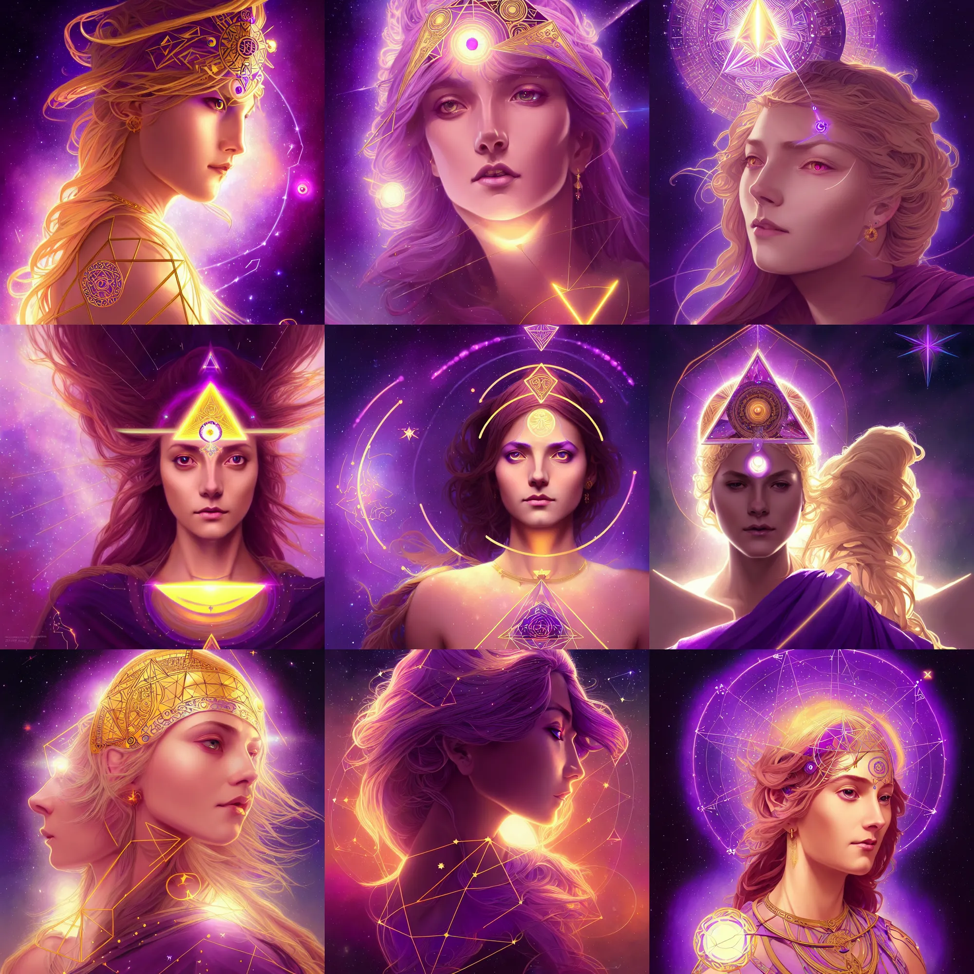 Prompt: a gallent goddess with glowing purple third eye chakra and golden hair, geometric third eye triangle, sci - fi face, constellation geometry mandal background, breathtaking stars, elegant, highly detailed, digital painting, artstation, concept art, smooth, sharp focus, spiritual art, art by artgerm and greg rutkowski and alphonse mucha, psychedelic