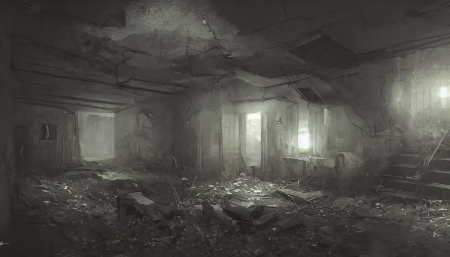 Prompt: Abandoned basement at night with cobwebs, spiders, dust, dark place, hyperdetailed, artstation, cgsociety, 8k