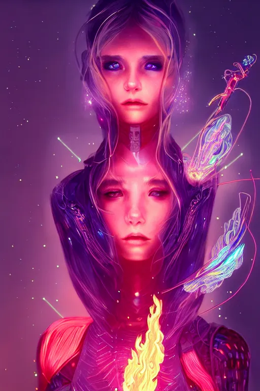 Image similar to portrait futuristic wizard Girl with fire and sparkles, in future cyberpunk tokyo rooftop , ssci-fi, fantasy, intricate, very very beautiful, elegant, human anatomy, human structure, neon light, highly detailed, digital painting, artstation, concept art, smooth, sharp focus, illustration, art by tian zi and WLOP and alphonse mucha