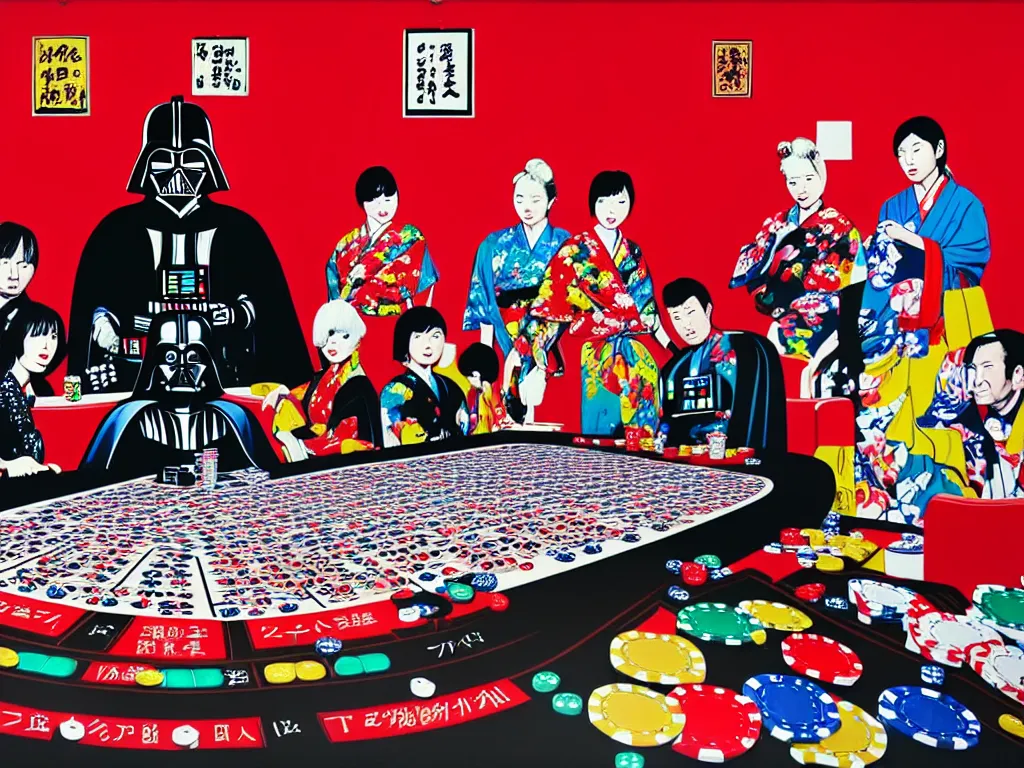 Image similar to hyper - realistic composition of a large room with an extremely detailed poker table in the center, woman in traditional japanese kimono standing nearby, darth vader sitting at the table, fireworks in the background, pop art style, jackie tsai style, andy warhol style, acrylic on canvas, dull palette