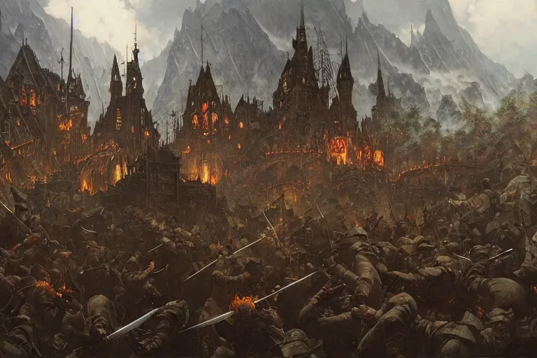 Image similar to a epic norman rockwell painting of army of wizards fighting against vampires on the mountains of the ocean, gritty tech, deep focus, fantasy, intricate, elegant, highly detailed, digital painting, artstation, concept art, matte, sharp focus, illustration, dark fantasy style art, resident evil, art by artgerm and greg rutkowski and alphonse mucha