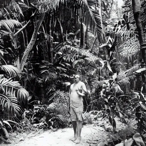 Image similar to a rizom lost film footage of a 3 d volume in the middle of the tropical jungle / tropicalism / tropicalism / tropicalism / film still / cinematic / enhanced / 1 9 2 0 s / black and white / grain