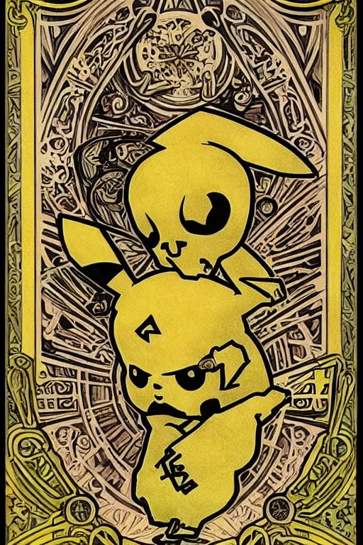 Image similar to skull of pikachu pokemon portrait in tarot style by Alphonse Mucha, detailed intricate, art nouveau