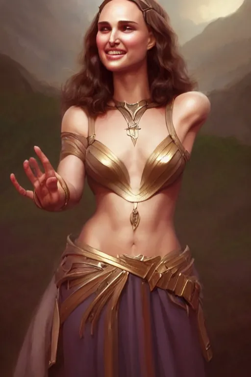 Image similar to Natalie Portman as a Smiling Goddess, soft, only two hands, highly detailed, digital painting, artstation, concept art, smooth, sharp focus, illustration, Unreal Engine 5, 8K, art by art by artgerm and greg rutkowski and edgar maxence