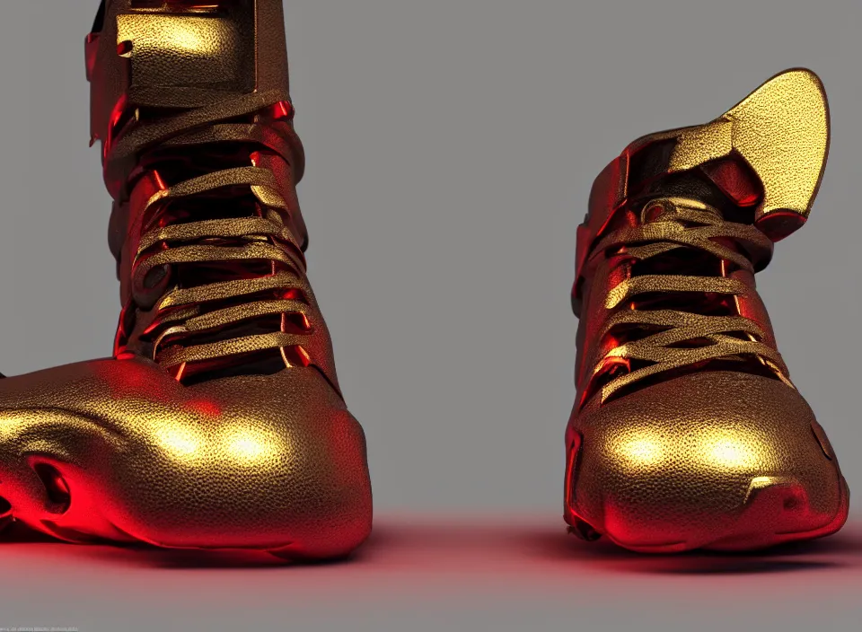 Image similar to realistic 3 d render of a cyberpunk android sneaker, beautiful studio lighting, soft, sharp focus, neon cyberpunk highlights, intricate detail, gold and red metal, soft rubber, textured plastic, octane render, side view, close up, trending on artstation, deviantart, bauhaus