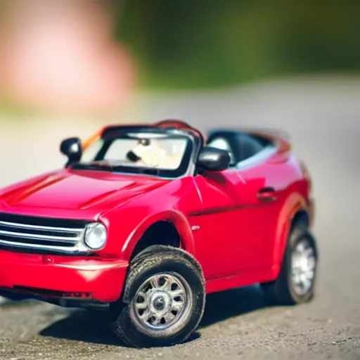 Prompt: Photo of small rat driving remote controlled convertible car