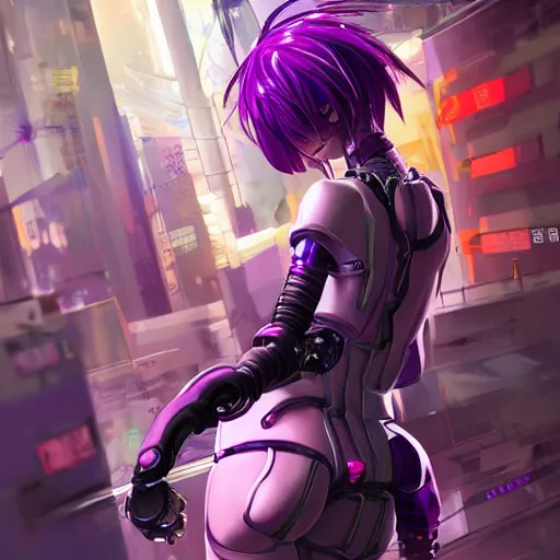 Image similar to A beautiful painting of a cyberpunk anime girl with purple hair and an a huge robot arm sensual stare, augmentations and cybernetic enhancements neon circuits, by Stanley Artgerm Lau, WLOP, Rossdraws, James Jean, Andrei Riabovitchev, Marc Simonetti, and Sakimichan, trending on artstation, hyperrealist, cinema4D, 8k highly detailed ❤️‍🔥 🔥 💀 🤖 🚀