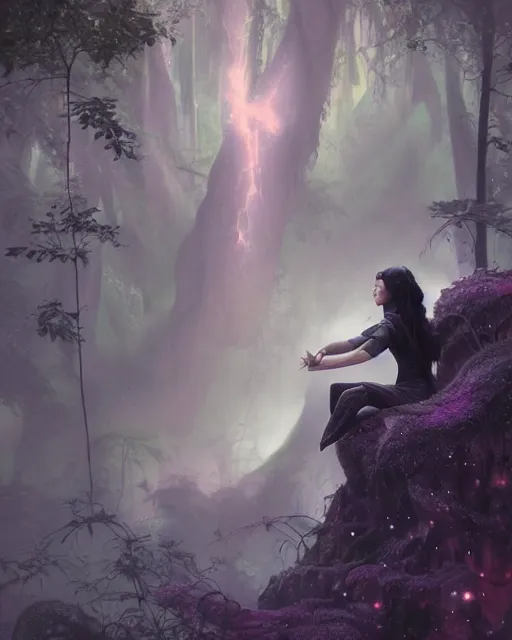 Image similar to female elf with black hair dress meditating in a nebula forest by greg rutkowski, high key lighting, volumetric light, digital art, highly detailed, fine detail, intricate, ornate, complex, octane render, unreal engine, photorealistic digital painting, artstation, concept art, sharp focus, art by greg rutkowski and alphonse mucha