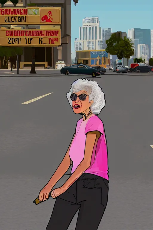 Prompt: a portrait of a fashionable gran on a skateboard in los angeles, in the style of gta waiting screen