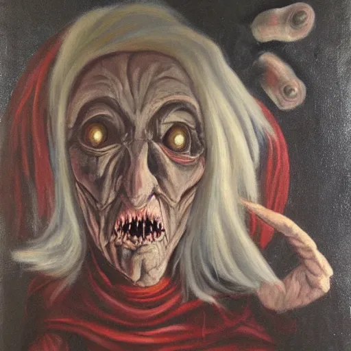 Image similar to creepy old cursed witch watching you sleep, eerie, haunted, oil painting