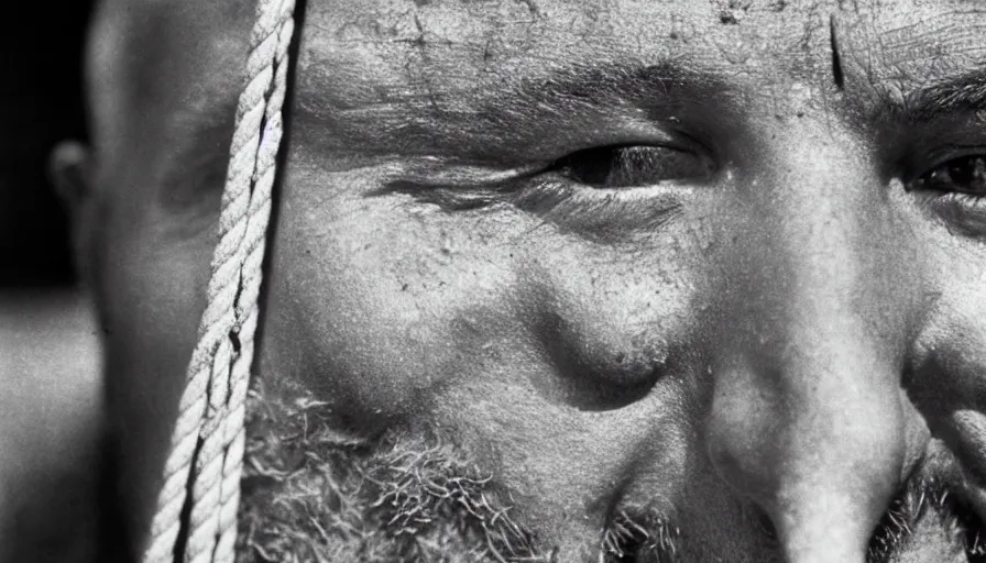 Image similar to 1 9 6 0 s movie still close - up of marcus atilius regulus'face tied with ropes at a pole with wide - open eyes looking directly at the burning sun, his eyes are bleeding intense, cinestill 8 0 0 t 3 5 mm b & w, high quality, heavy grain, high detail, texture, dramatic light