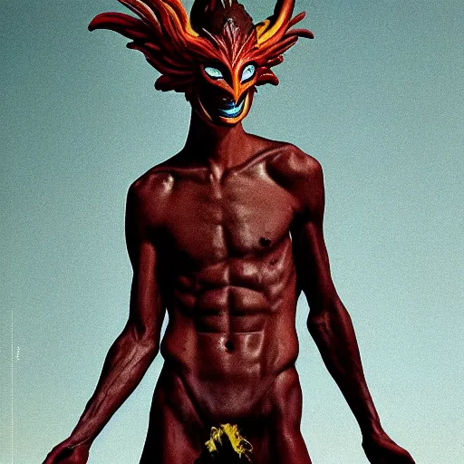 Image similar to an slim athletic beautiful male alien with ombre colored skin wearing a phoenix mask, painted by michelangelo for vogue magazine