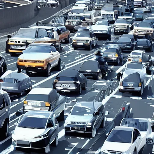 Prompt: very angry drivers on a traffic jam, futuristic city