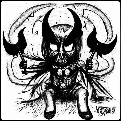 Image similar to cute little satan drawing with big eyes black and white, ink pen, metal music grindcore album cover style, handwriting, metal band name typography