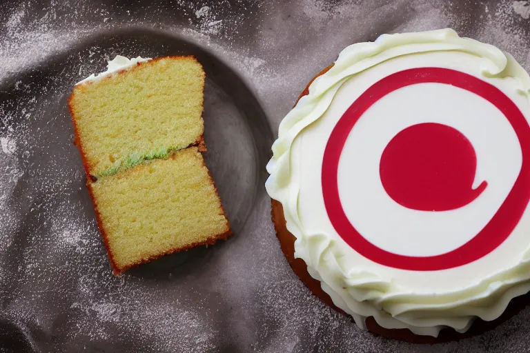 Image similar to a vanilla cake with aphex twin logo frosting on top, product photography