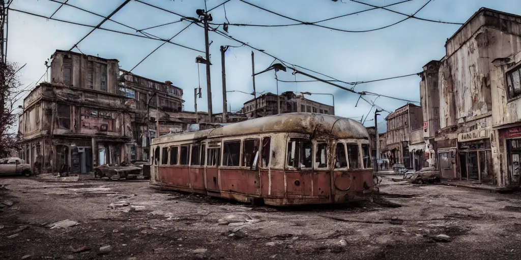 Image similar to low wide angle shot of dilapidated fallout 5 europa, temperate european small town, desolate, dilapidated neon signs, few rusted retro futuristic vintage parked vehicles like cars, buses, trucks, trams, volumetric lighting, photorealistic, daytime, autumn, sunny weather, sharp focus, ultra detailed, 4 0 0 0 k